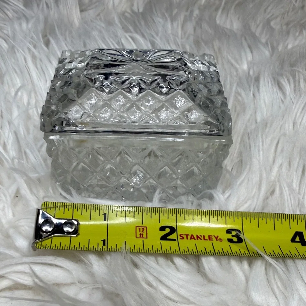 Vintage Clear Pressed Glass Trinket Box Diamond Cut Rectangular Jewelry Case